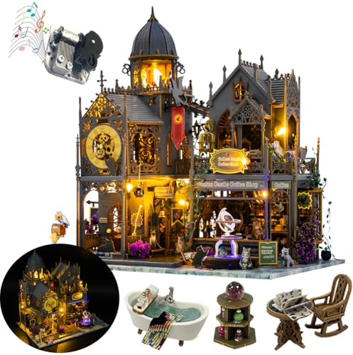Cjeuxnr 3D-Puzzles aus Holz, Buchstütze, Modellbau, magisches Puppenhaus zum Selbermachen, Miniaturhaus-Kit, Holz-Magic-Shop, Puppenhaus mit Möbeln, LED-Licht, Erwachsene, magisches Haus, DIY-Kits