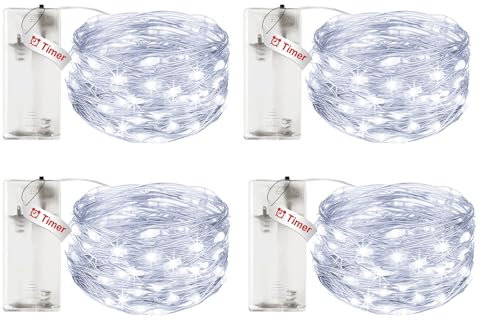 litogo 4 Stück Lichterkette Batterie Timer, 3M 30 LED Lichterkette Innen Wasserdicht Kupferdraht Fairy Lights, Lichterketten Batteriebetrieben (AA Batterie) für Weihnachten Hochzeit Deko, Kaltes Weiß