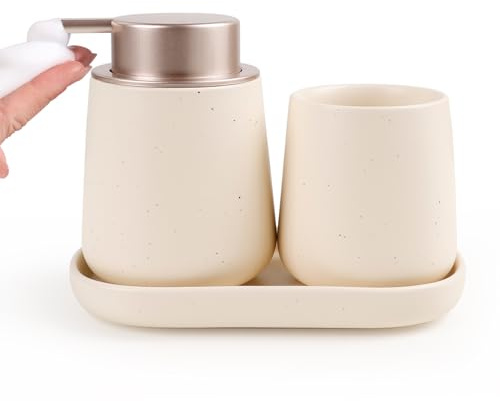 UMLACA Bathroom Accessories Set 3 pcs - Ceramic Foaming Bathroom Soap Dispenser Set Farmhouse Black Bathroom Decor, Foam Soap Dispenser and Toothbrush Holder/Tumbler Cup, (Pockmarked Beige Foam)