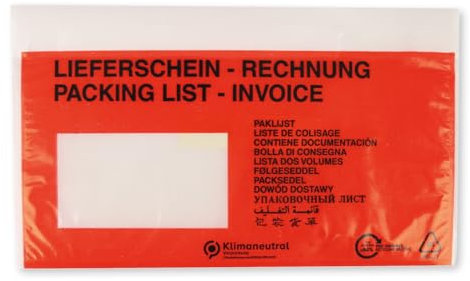 FRANZ MENSCH 1000 Stück Lieferscheintaschen DIN lang, selbstklebend | LDPE, rot, L: 24,3cm, B: 14,1cm, Lieferscheintaschen, Versandtaschen, Dokumententasche