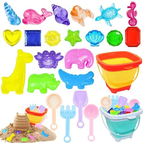 YORFULL 24 Piezas Juguetes Playa, Juguetes de Arenero con 2 Cubos Plegables, 4 Palas de Arena, 14 Moldes de Arena, Juguetes de Playa de Viaje para Niños de 1, 2, 3, 4 y 5 Años