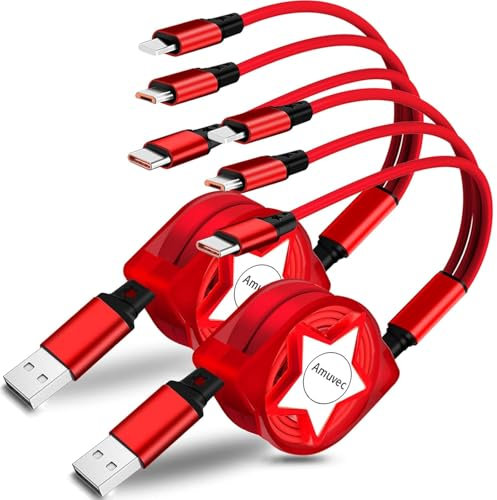 Amuvec Multiplo USB Cavo 3 in 1, [3A 1M 2-Pezzi] Retrattile Cavetto iP Type C Micro USB Cavo di Ricarica, per iPhone, Samsung Galaxy S24 S23 S22 S20 S10 S8, Huawei, Sony, Pixel, LG, Xiaomi, Moto, PS4
