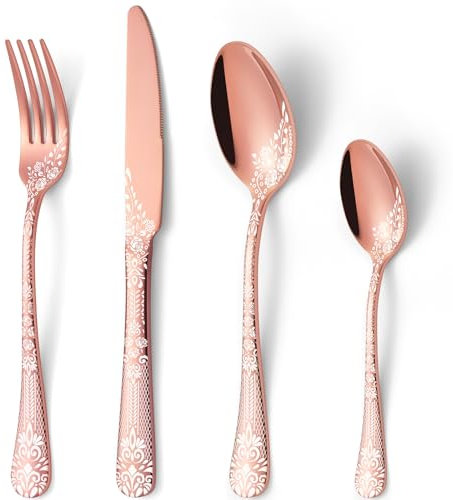 HONKKU 32 Pieces Rose Gold Cutlery Set for 8 People, Stainless Steel Knife and Fork Set with Laser Flower Pattern, Mirror Polished Silverware Set Ideal for Home Party Restaurant, Dishwasher Safe