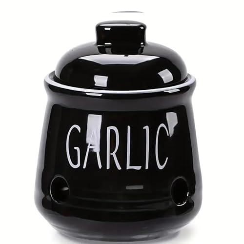 Sacred Remedy Ceramic Garlic Keeper Pot with Lid [BLACK] Storage Jar with Ventilation Holes to Keep Fresh in Kitchen