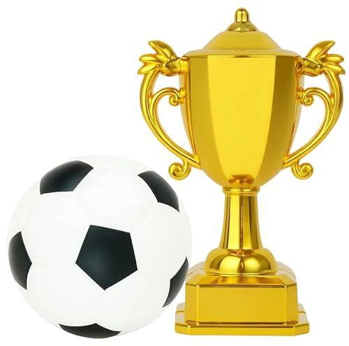 2Pcs Football Cake Decorations, Football Cake Topper, Mini Soccer Trophy Cup Topper, Football Cake Decorations for Boys Kids Sports Theme Birthday Party Supplies (Trophy+Soccer)