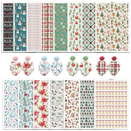 15 Stück Weihnachts-Transferpapier für Polymerton, Weihnachtsbäume, Schneemann, Weihnachtsstern, Glöckchen, Lebkuchen, wasserlösliche Transferblätter für Polymerton, DIY, Kunst, Schmuck, Ohrringe, 15