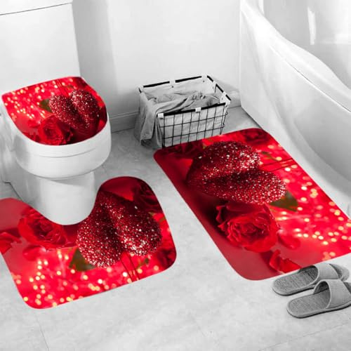 Generisch Badgarnitur 3 Teilig Badezimmerteppich Waschbar Badematte rutschfest,Wc Vorleger Mit Ausschnitt Und Badematte, Badvorleger Toilette Teppich 45X75Cm Liebe Rose
