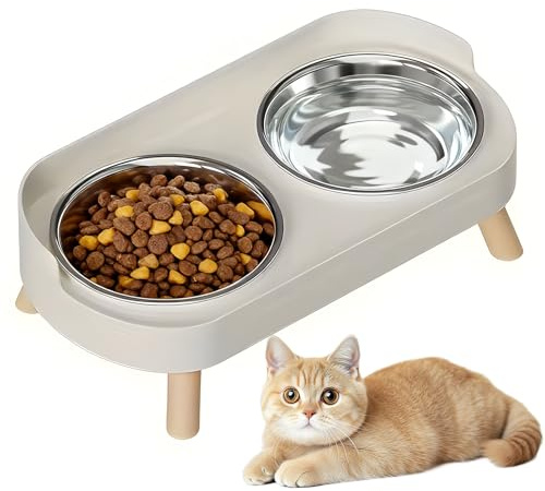 2 Stück Katzennapf - Erhöhter Katzen Napfset Edelstahl Doppelt Katzennäpfe mit Ständer und Spritzschutz rutschfeste Fressnapf Katze Napf - Futternapf Wassernapf Set für Katzen und Kleine Hunde