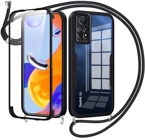 Jrkvniv Collier Coque pour Xiaomi Redmi Note 11 Pro avec Protecteur D'écran Intégrée,360 Degrés Transparent Réglable Étui Cordon Housse Antichoc Anti-Rayures Tactile Deux Couches Protection Etui-Noir