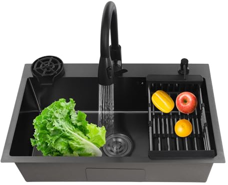 Fregadero de cocina moderno de acero inoxidable negro – Grifo extraíble de 60 cm, fregadero profundo con rebosadero, cesta de desagüe y dispensador de jabón – para montaje en topmount/undermount (72 x