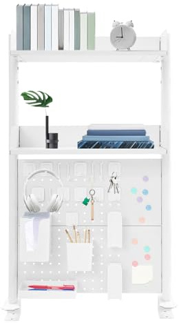 Pegboard Schreibtisch Regal Schreibtisch Bücherregal 2 Ebenen Clip-on mit Pegboard Haken & Magneten Platzsparendes Organizer für Heimbüro Studierzimmer & Kinderzimmer (1, 95 × 60 × 12,5 cm, weiß)
