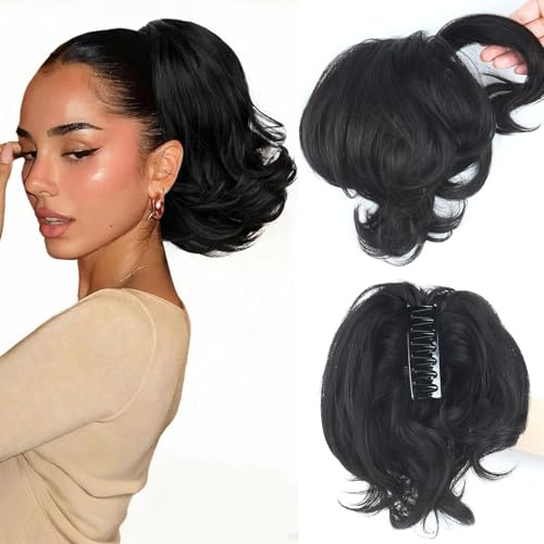 Ponytail Extension Human Hair, Pferdeschwanz Verlängerung Echthaar mit Kinnclip Wellig Lockig Clip-on Echthaar Pferdeschwänze mit DIY biegbaren Metallteilen Haarteile für Frauen 30cm Schwarz