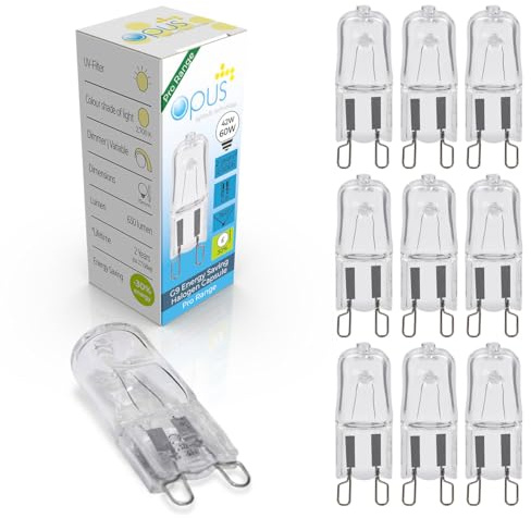 Opus G9 Halogen Bulb | 42W = Equivalent to 60W G9 Bulb | Warm White 2700K | Long Life 2,000 Hours | Clear Glass Capsule | Dimmable | 2 Pin Light Bulbs | Lava Lamp Bulb | Chandelier Bulb | 10 Pack
