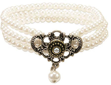 Alpenflüstern Perlen-Trachten-Armband Hedwig - elastische mehrreihige Trachten-Armkette mit Strass-Mittelteil, eleganter Damen-Trachtenschmuck, Perlenarmband creme-weiß DAB058