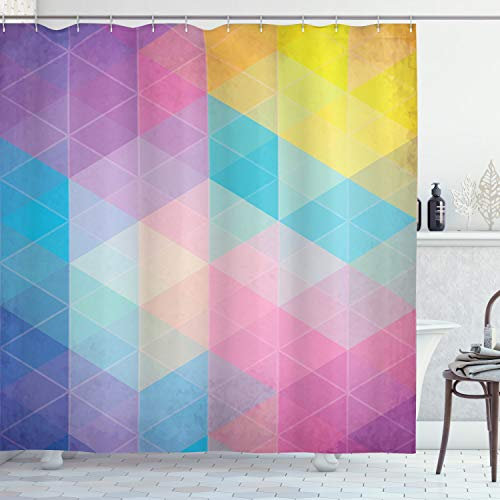 ABAKUHAUS Dreiecke Duschvorhang, Triangles Verträumte Farben, Stoffliches Gewebe Badezimmerdekorationsset mit Haken, 175 x 240 cm, Blau Lila Gelb