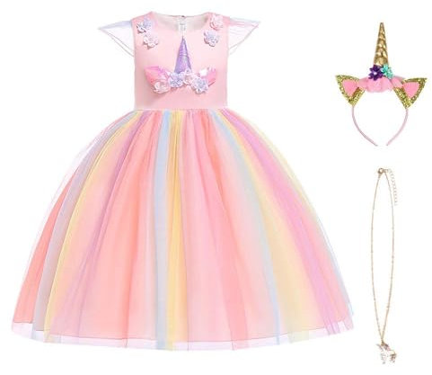 URAQT Mädchen Prinzessin Kleid, Mädchen Einhorn Cosplay Karneval Verkleidung Party Hochzeit Prinzessin Kleid mit Halskette und Stirnband, 110CM, Rosa&Gelb