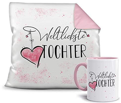 Geschenkset für die Weltliebste Tochter - Tasse und Kissen - Altrosa/Verwandte/Geschenk-Idee/Liebling/Familie