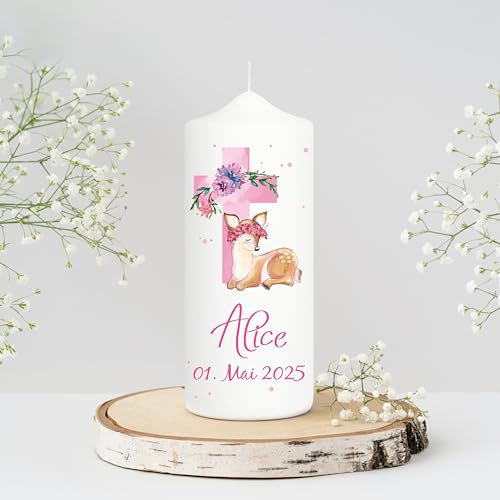 Wandtattoo Loft Taufkerze Junge oder Mädchen personalisierte Patenkerze, Motiv mit Jesuskreuz und Rehkitz, 18cm x 7cm, personalisierte Kerze, bedruckte Kerze Taufe, Stumpenkerze, Taufgeschenk