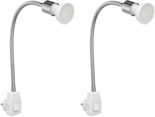 ledscom.de 2 Stück Steckdosenlampe LESCH Leselampe Schwanenhals, Schalter, Chrom inkl. GU10 LED Lampe 4,914W 450lm 100° warm-weiß