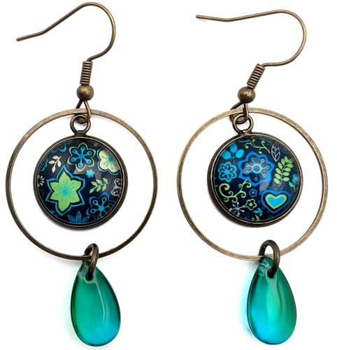 Boucles d Oreilles Pendantes Femme Cabochon Verre Bronze Fleurs Bleu Vert Anis Bijou Bohème Cercle Pampille Turquoise Cadeau Femme