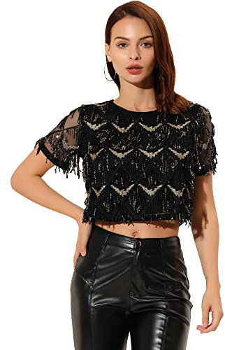 Allegra K Damen Kurzarm Rundhals Quaste Pailletten Crop Top Tshirt Schwarz M