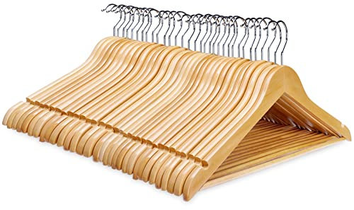 Homewit Kleiderbügel aus Holz, 32 Stück Holzkleiderbügel mit Rockkerben und Hosensteg, 360 Grad drehbar, Anzugbügel Jackenbügel für Kleidung Anzug Jacke Hose, L44,5xH23x D1.2 cm Natur