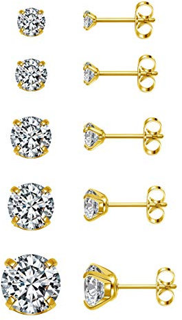 PiercingJak Ohrringe Gold Stecker Ohrstecker Zirkonia Edelstahl Klein Schlafen Helix Tragus Knorpel Ohr Piercing mit 3mm-8mm CZ Ohrchmuck für Unisex, 5 Paar