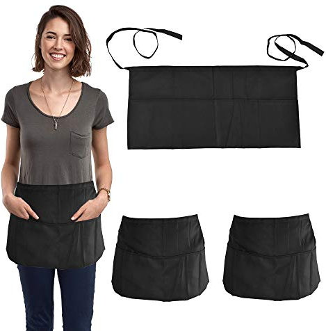 Favengo 3 Stück Vorbinder Schürze Schwarz Kellnerschürzen Kochschürze mit 3 Taschen Taillen Schürze Küchenschürzen Backschürze Grillschürze Bistroschürze für Frauen Männer Chef Kellner (Black/3pcs)