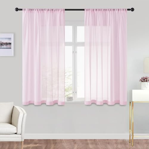 CUTEWIND Gardinen Kurz Volie Vorhänge mit Stangendurchzug Halbtransparent Vorhang aus Polyester Gardinen Wohnzimmer 140x160cm(BxH) 2er Set Rosa