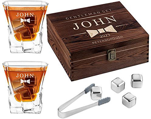 Maverton Whisky Stones & 2 Engraved Glasses Gift Set - 250ml Whisky Glasses in Personalised Wooden Box - Birthday Gift for Men - Gift idea for him - Gentleman