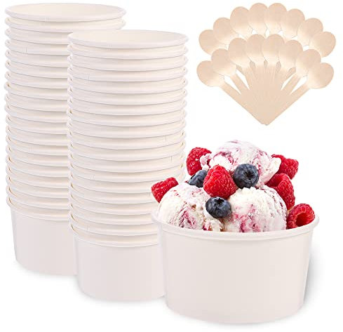 BOJVESH 50pcs White Paper Ice Cream Cups Tubs, Biodegradable Round Paper Soup Containers with 50 Wooden Spoons, Cardboard Takeaway Paper Dessert Bowl for Ice Cream Soup Deli Frozen Yogurt Cake