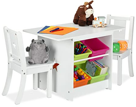 Relaxdays Kindersitzgruppe, Kindertisch mit 2 Stühlen, mit Stauraum, Mädchen & Jungen, Sitzecke fürs Kinderzimmer, Weiß, Grün, Pink