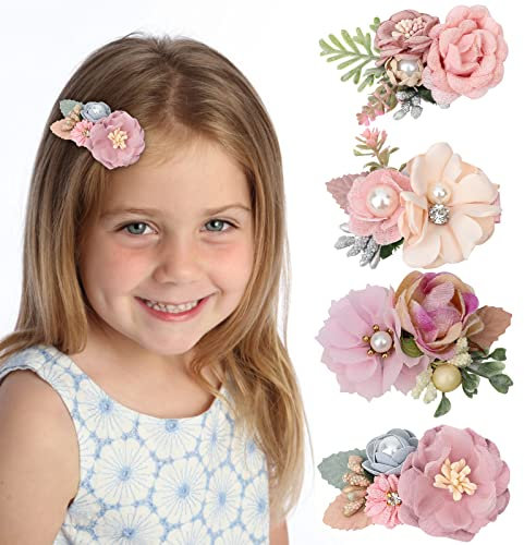 VEGCOO 4 Stück Blume Haarklammern, haarschmuck mädchen, Haarspange Kinder, baby haarspangen, Künstliche Blume Haarclips für Kinder Geburtstag Kindertagsgeschenk