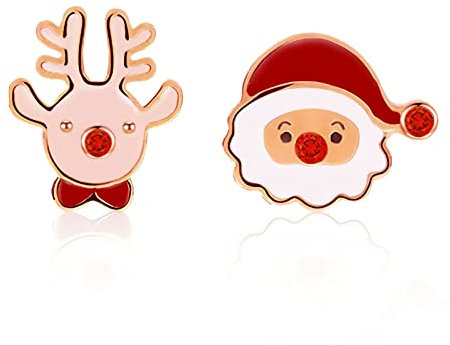 Zolkamery 925 Sterling Silber Weihnachten Ohrringe Damen, Rose Gold Weihnachtsmann & Elch Ohrstecker, 8.2mm Klein Schlafen Süße Elch Weihnachtsmann Schmuck