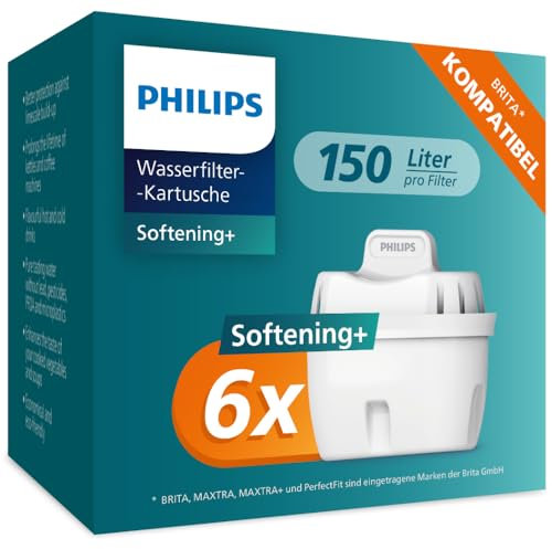 Philips Water Cartuchos de filtro de agua de repuesto Antical+, pack de 6 filtros, compatible con Brita, HASTA UN 50 % DE MAYOR REDUCCIÓN DE LA CAL