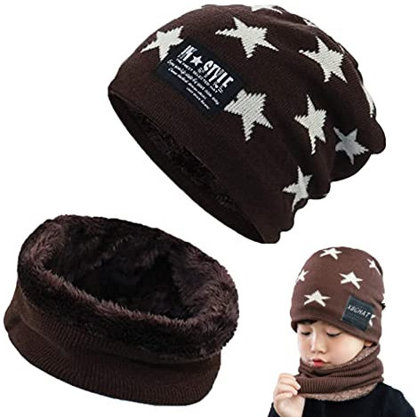 Tuofang Kinder Winter Warm Beanie Mütze und Loop Schlauchschal Set mit Fleece Gefütterte, Wintermütze und Loop Schal, für 5-15 Jahre Alt Jungen Mädchen Wintermütze Halswärmer Strickset (Braun)