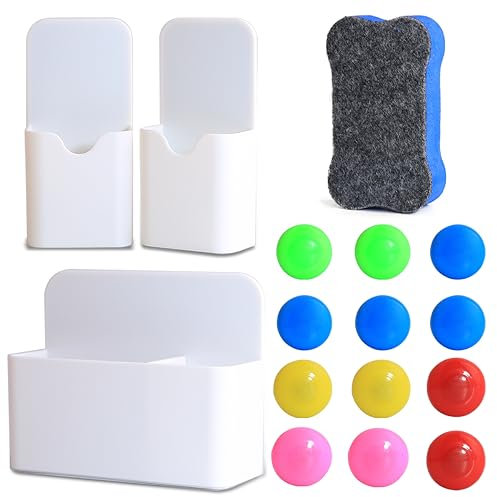 2 Stücke Magnetischer Stiftehalter, Magnetisch Markerhalterung mit 1 Stücke Whiteboard Schwamm und 12 Stücke Whiteboard Magnete für Kühlschrank, Whiteboard oder andere Magnetische Oberflächen