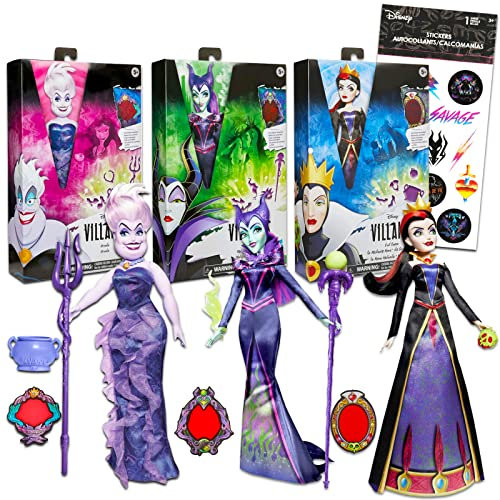 Disney Bösewichte Puppen-Set für Mädchen – Bündel mit 3 Disney Villains Puppen mit Maleficent, Ursula und bösen Königin plus Aufklebern | Disney Bösewichte Geschenke