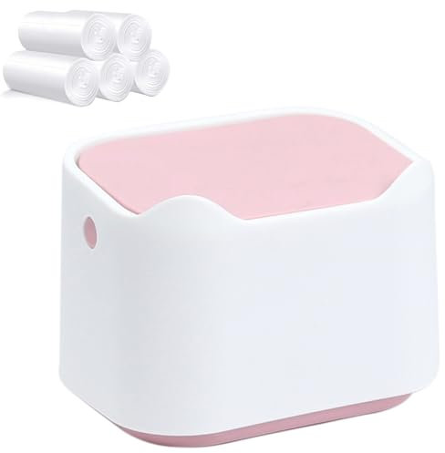 Everesta Kids Trash Bin Mini Bin 2.5L Waste Paper Bin with Lid & 5 Rolls of Bin Bags for Home Bedroom Table Top Small Container (White - Pink)
