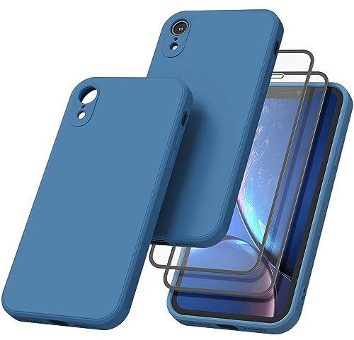 Mugust Cover Solo per iPhone XR, Silicone Custodia 1 × 2 Vetro Temperato per iPhone XR, Pellicola Proteggi Schermo per iPhone XR(Blu)