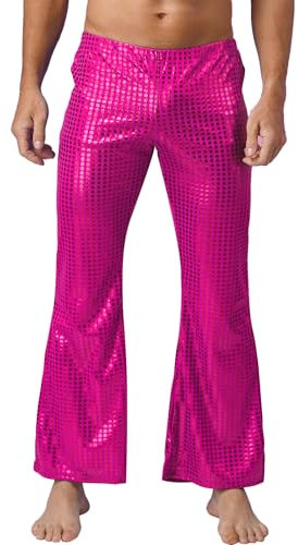 HULIJA Herren Glitzer Hose Lang Glänzend Tanzhose mit Pailletten Retro Pants Jazzhose Bühnenauftritte Cosplay Party Karneval Bühnenauftritte A Hot Pink S