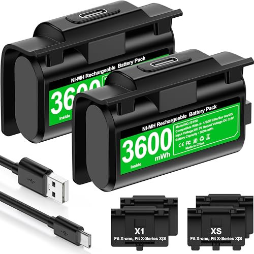 HELLCOOL Play y Kit de Carga USB Bateria para Mando Xbox One/Xbox Series, 2X3600mWh Bateria Compatible con la Mando Xbox One S/X/Elite, Xbox Series X/S, 12 Horas de Juego