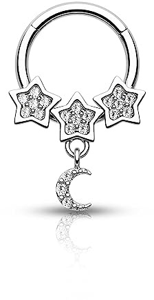 CM Crareesi Mania Baumelnder Stern Septum Piercing Schmuck 16G Mond Septum Ringe Klar CZ 316L Edelstahl Daith Piercing Schmuck für Frauen Helix Daith Ohrring