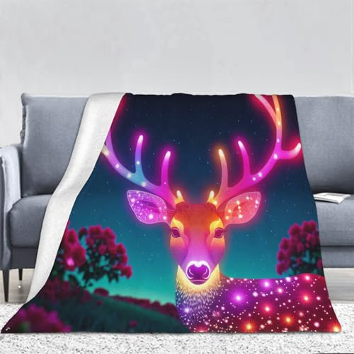3D Hirschmotiv Kuscheldecke Flauschig Flanell Neon Decken Wohndecke Flanelldecke Sofadecke Couchdecke Geschenke für Kinder Erwachsener Decke 150x200cm