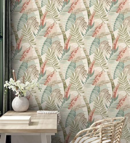 GAULAN 682819 Papier peint feuilles tropicales tons verts terracotta clair et ivoire pour mur salon chambre couloir stanza salle à mange tête de lit - Rouleaux de 10 m x 0,53 m