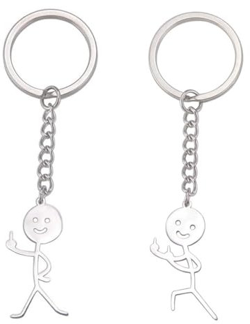 LEEQ 2PCS Drôle Smiley Figurine de Visage Langue Des Signes Porte-clés - Doigt Stickman mignon tendance sac clé de voiture pendentif Couple cadeau porte-clés