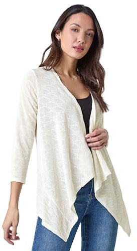 Roman Waterfall Cardigan for Women UK - Ladies Open Front Cardi Smart Casual Edge to Edge Daytime Everyday Summer Autumn Knitted Knitwear Long Sleeve Fashionable - Stone - Size 18