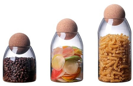3-Pack Glass Storage Jars with Cork Ball Lids, Clear Glass Jars with Cork Balls, Cute Decorative Round Glass Bottles with Airtight Wooden Lids to Store Spices, Sugar, Salt, Tea, Nuts, Coffee Beans ,A