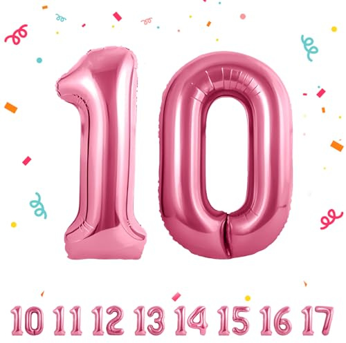 Zahlen luftballon 10 jahre | Rosa Folienballon-4010 Geburtstagsdeko -10 Ballon Zahl Deko zum Geburtstag fliegt mit Helium 10.Geburtstag für Männer Frauen 10.Geburtstagsparty Jubiläum