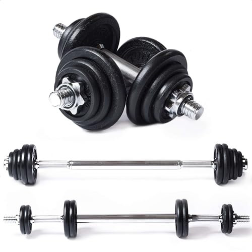 Tunturi Langhantel und Kurzhanteln in 1 - Gusseisen - Set 20 kg - Verstellbare Set - Schraubverschluss 30 mm - rutschfester Griff